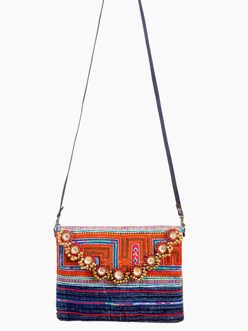 Hmong blue tribal messenger bag with mirrors