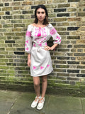 Grey ibiza linen folk vyshyvanka dress with neon pink embroidery