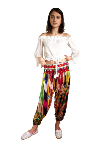 Handmade festival boho silk ikat uzbek harem pants