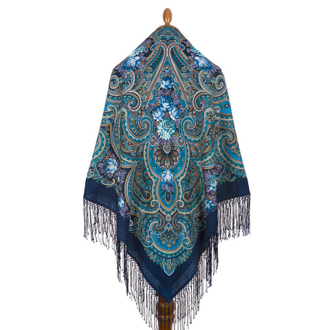 Large Adriana piano shawl with silk knitted long fringe