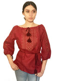 burgundy linen embroidered boho top