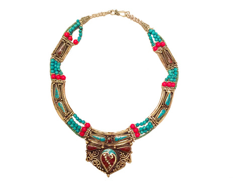 Vintage Tibetan tribal necklace with semi-precious stones